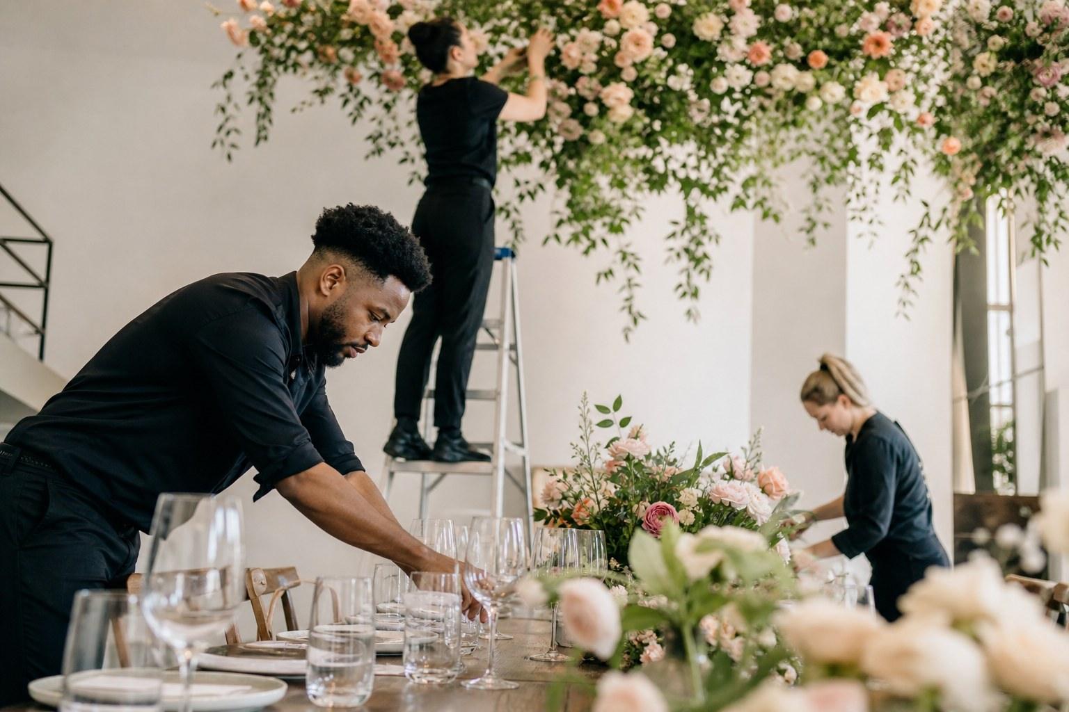 Wedding vendor team setting up a reception together on the day