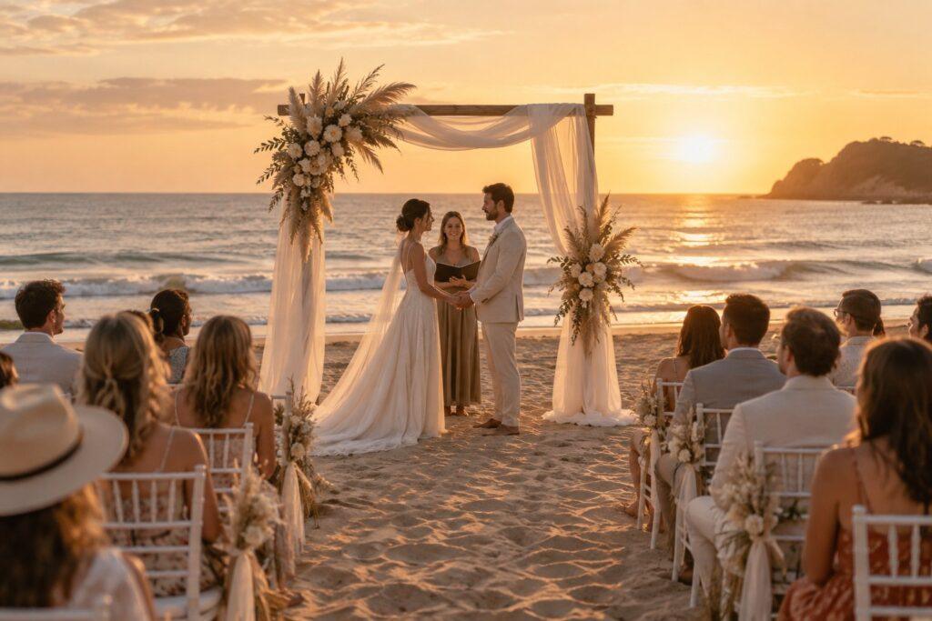 beach wedding planning ceremony set up on the shoreline at golden hour