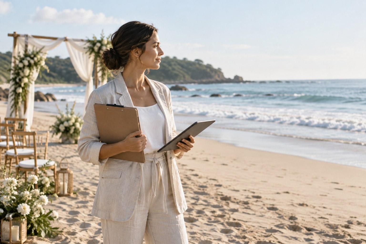 Wedding Academy | Beach Wedding Planning: What Planners Wish Couples Knew wedding planner checking tide times while beach wedding planning on site
