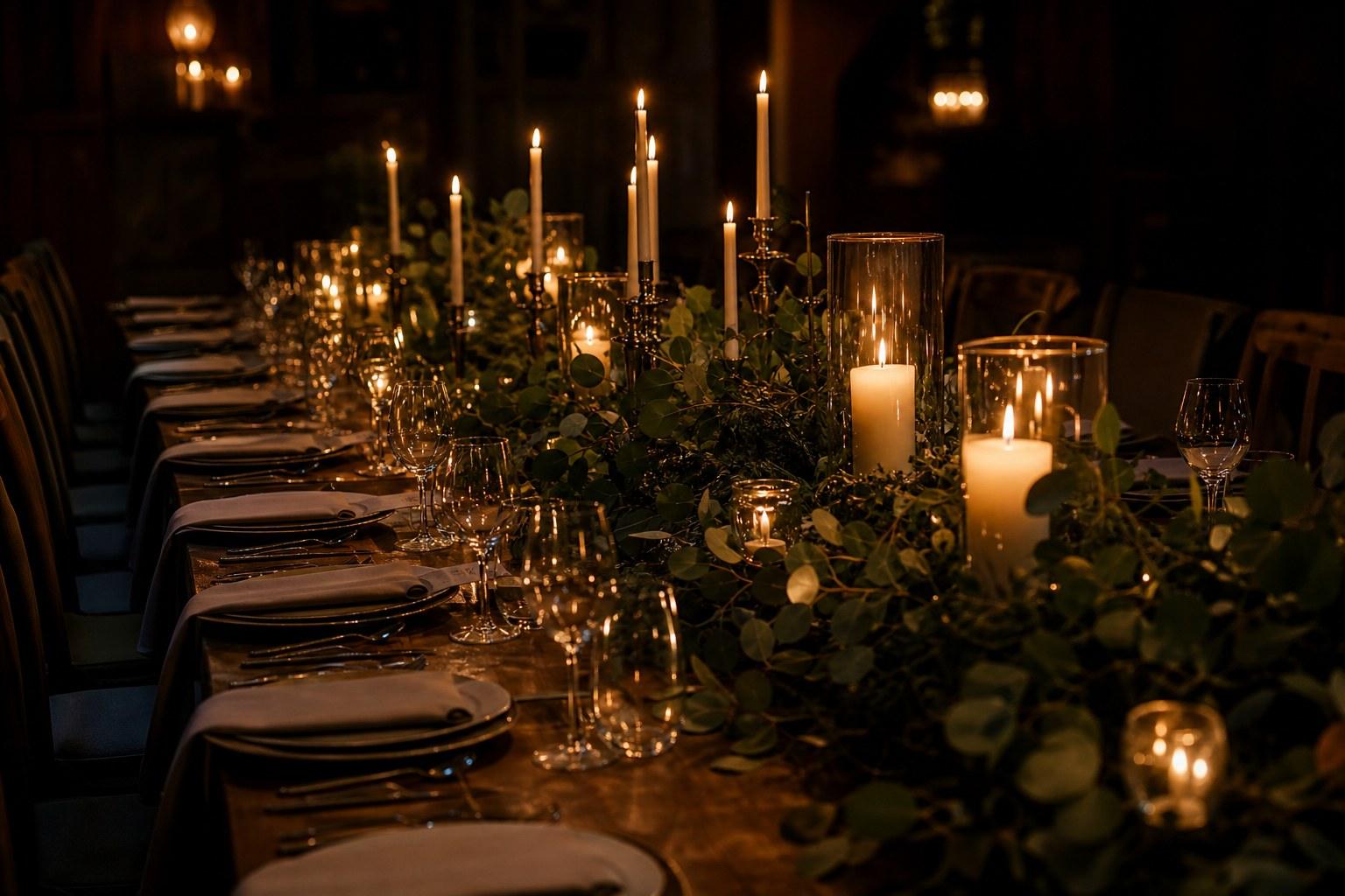 candlelit wedding reception long table with warm decorative wedding lighting design