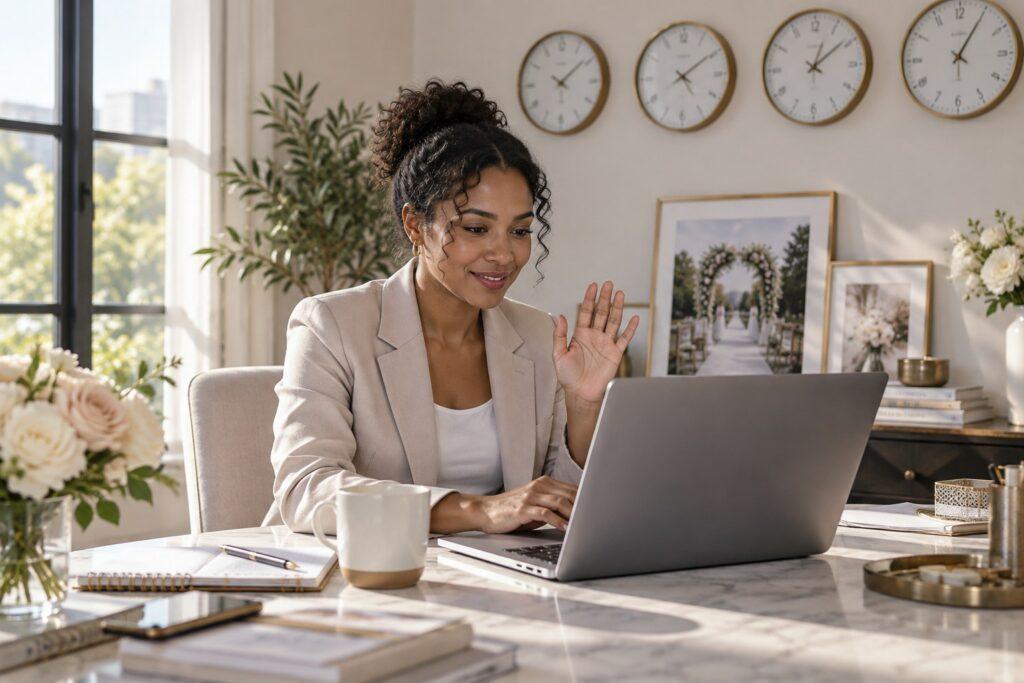 wedding planner on a video call coordinating a wedding in a different time zone