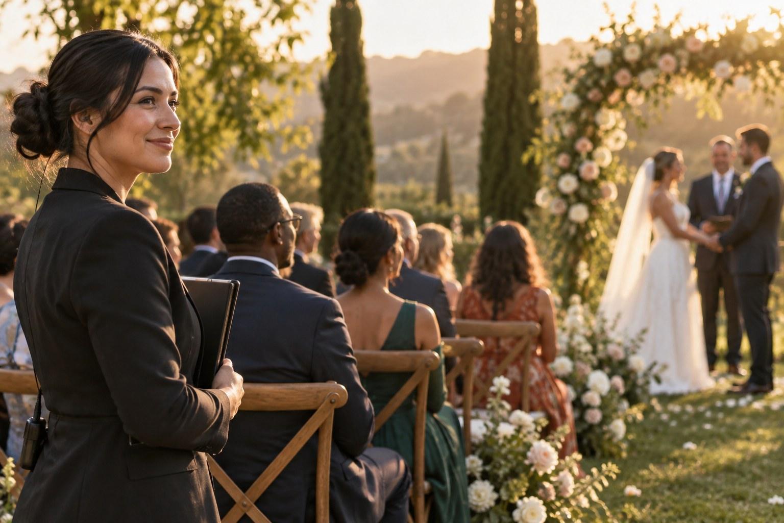 Wedding Academy | How to Transition From Corporate Events to Wedding Planning wedding planner watching a ceremony she coordinated