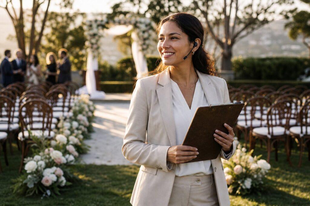 Day of wedding coordinator with headset and clipboard managing an outdoor wedding ceremony setup