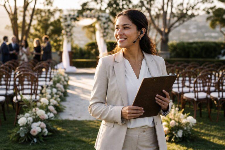 Day of wedding coordinator with headset and clipboard managing an outdoor wedding ceremony setup