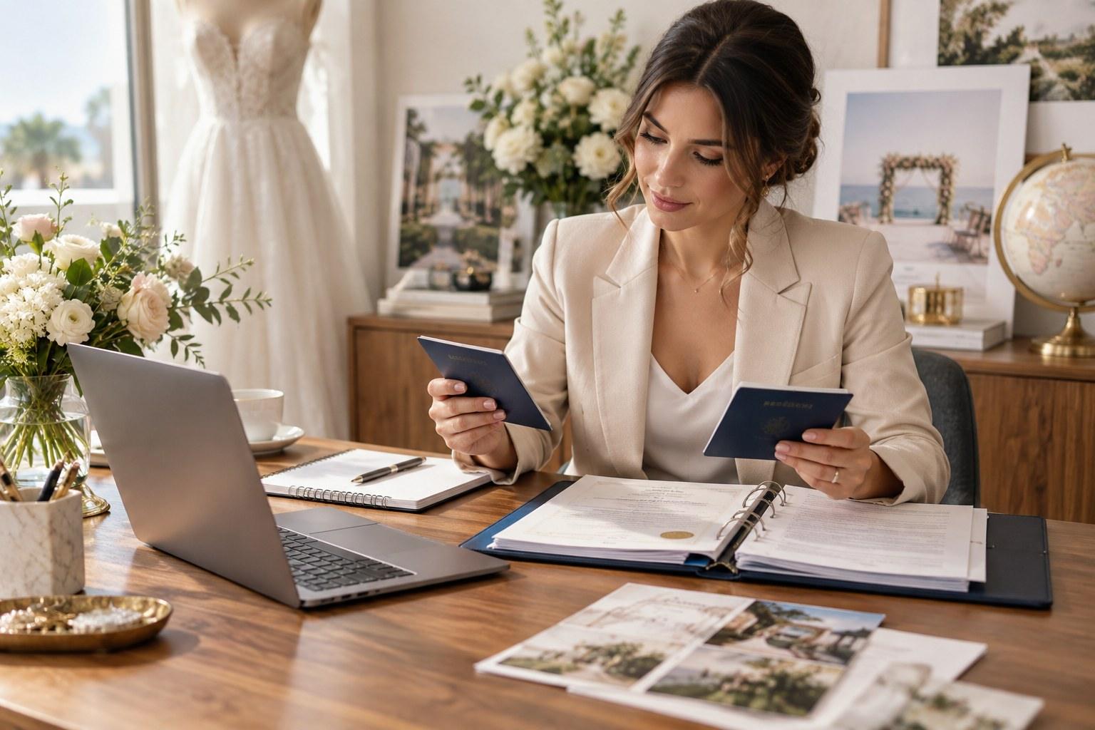 Wedding planner checking destination wedding legal documents and passports