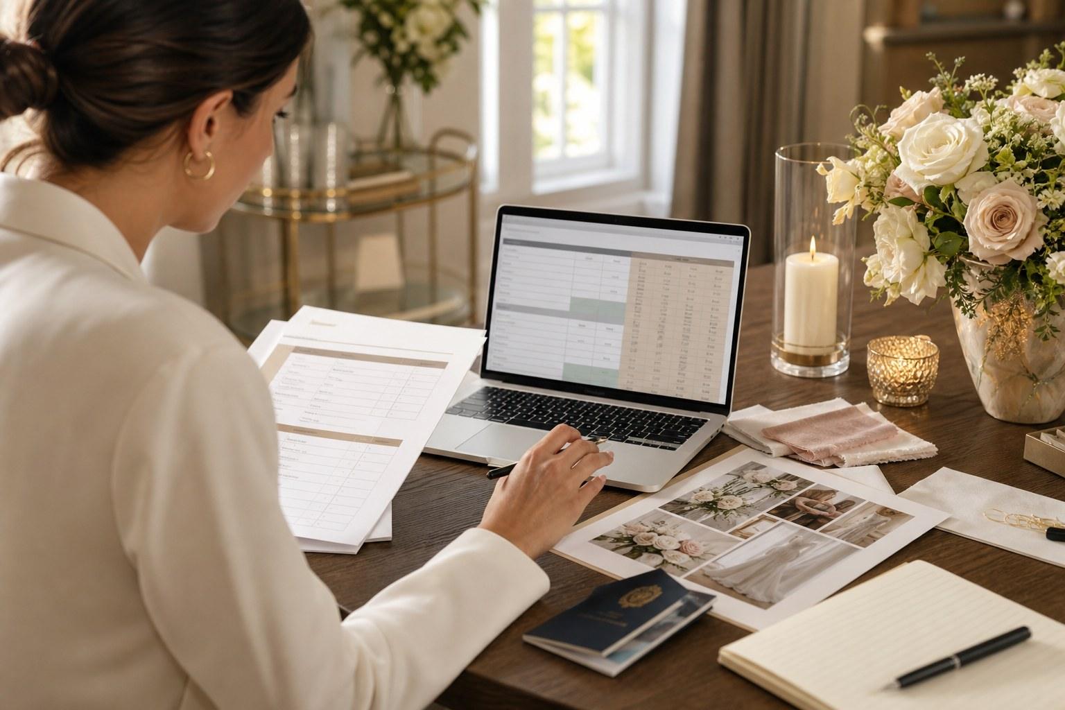Destination wedding planner reviewing a budget spreadsheet