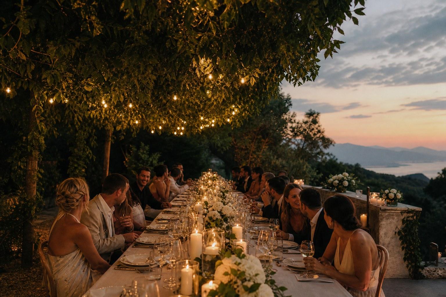 Destination wedding reception long table outdoors abroad