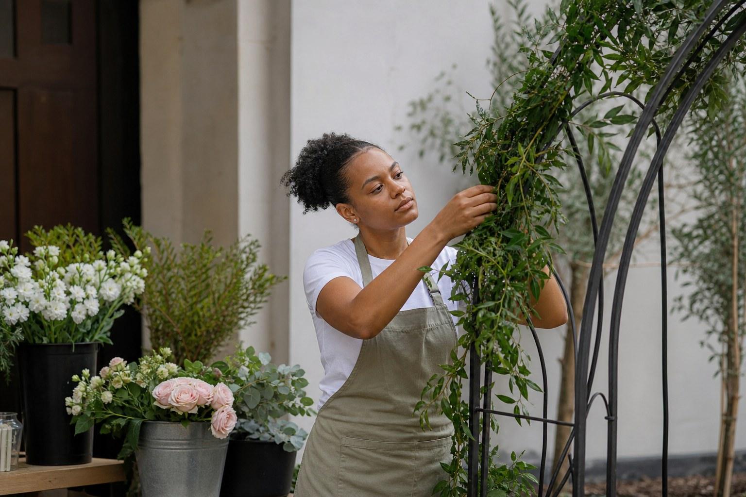 Wedding Academy | Wedding Flower Installations: How to Design Arches, Aisles and Hanging Pieces florist building a wedding flower installation on a metal arch frame