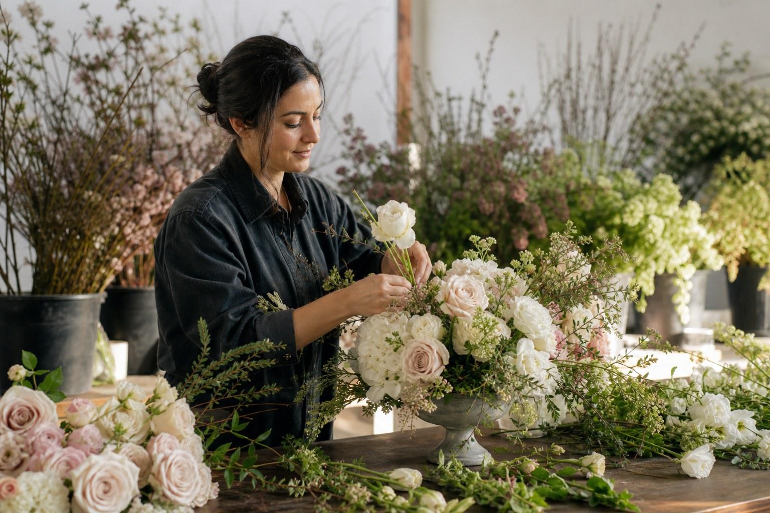 Wedding Academy | Wedding Centrepieces: How to Design Table Flowers That Work Florist building a wedding centrepiece
