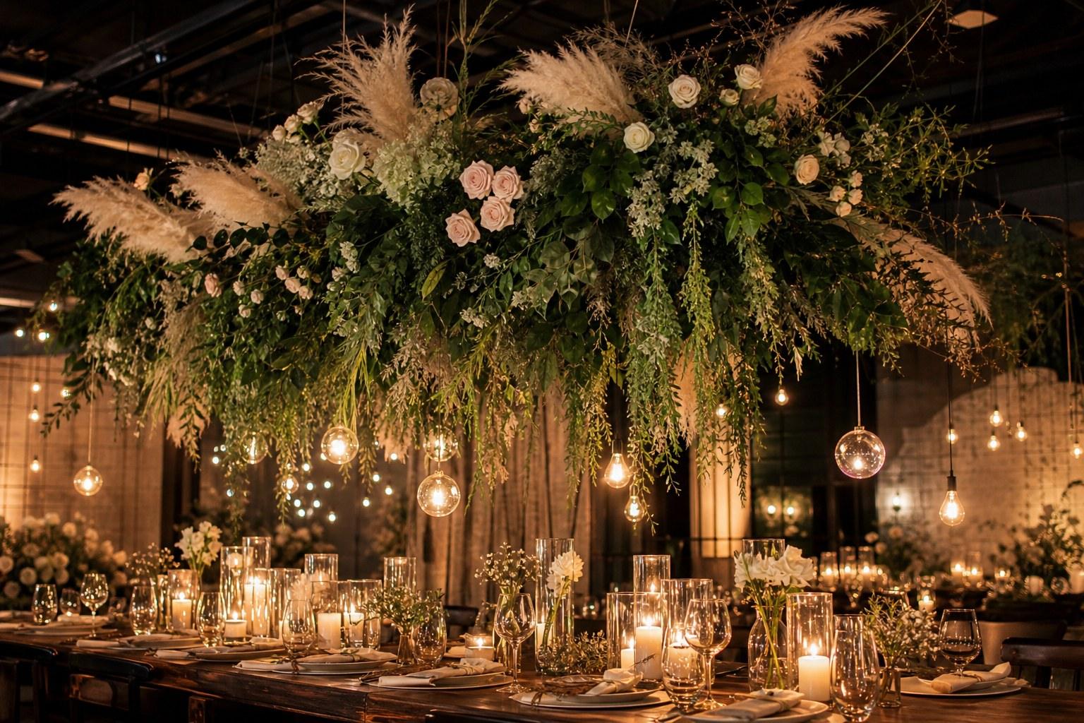 Wedding Academy | Wedding Flower Installations: How to Design Arches, Aisles and Hanging Pieces hanging wedding flower installation suspended above a long reception table