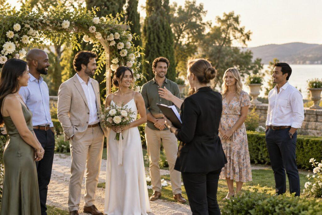 wedding planner showing how to run a wedding rehearsal at the ceremony site