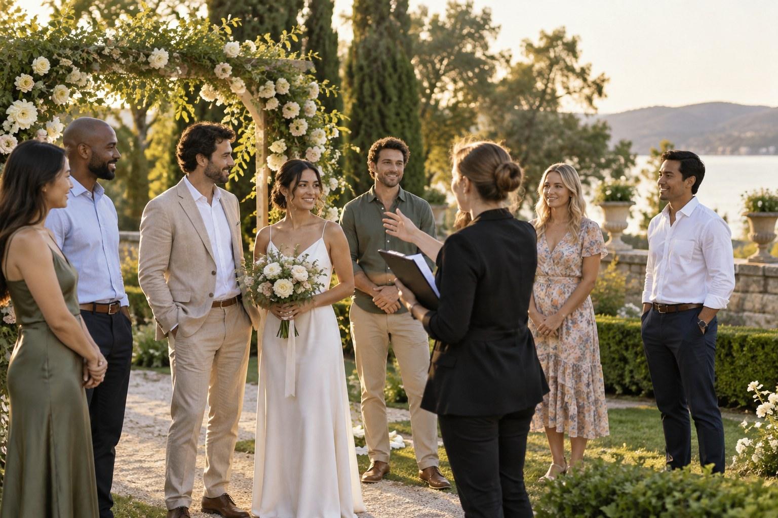 wedding planner showing how to run a wedding rehearsal at the ceremony site