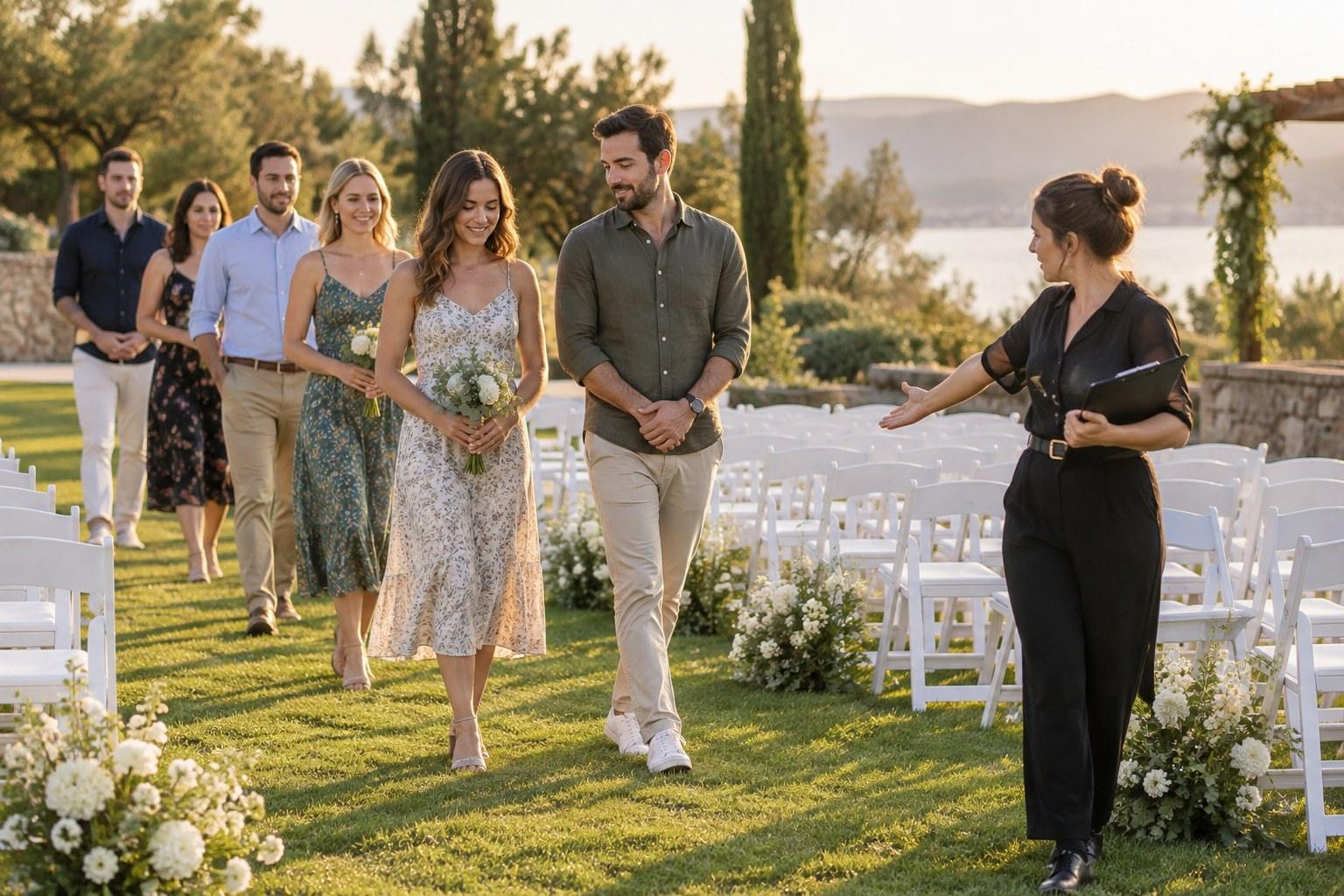 Wedding Academy | How to Run a Wedding Rehearsal Like a Professional Planner bridal party practising processional order during a wedding rehearsal