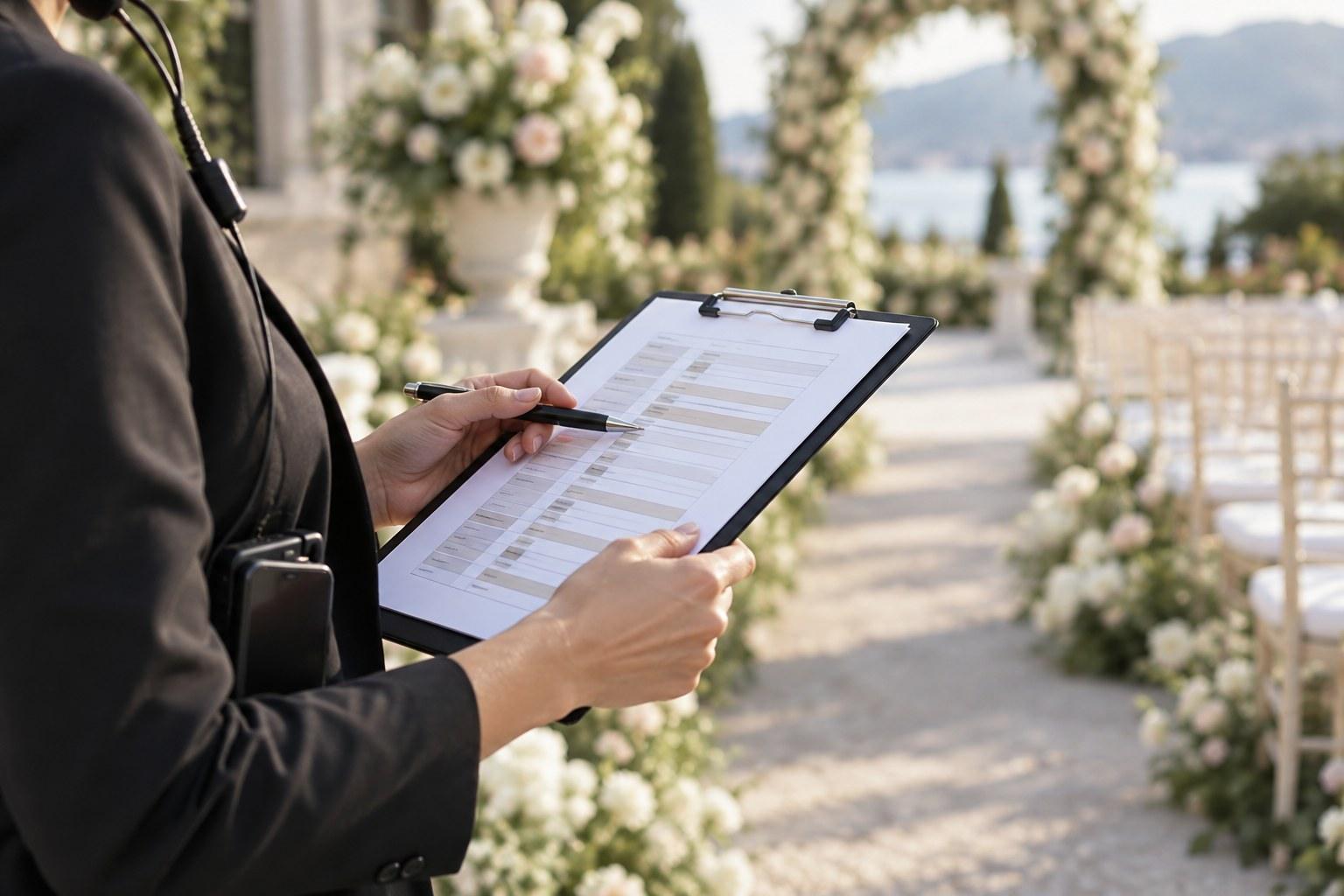 Wedding Academy | How to Run a Wedding Rehearsal Like a Professional Planner wedding rehearsal run sheet and timeline held by a planner
