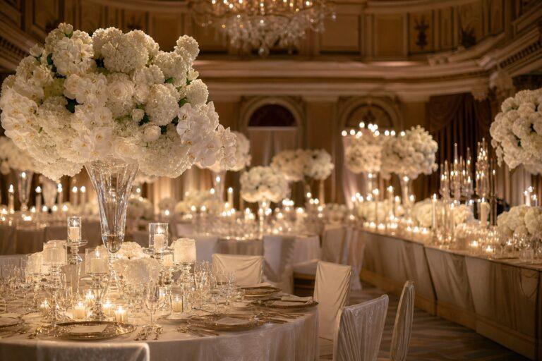 Luxury wedding reception in an elegant ballroom