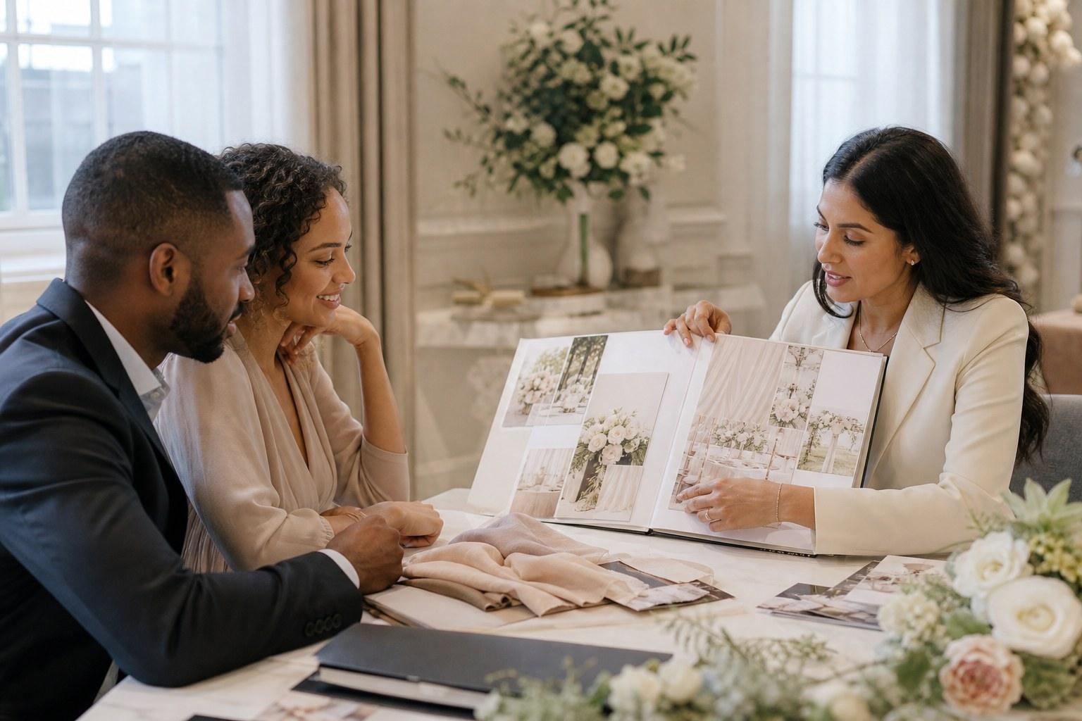 Wedding planner meeting a couple in an elegant setting