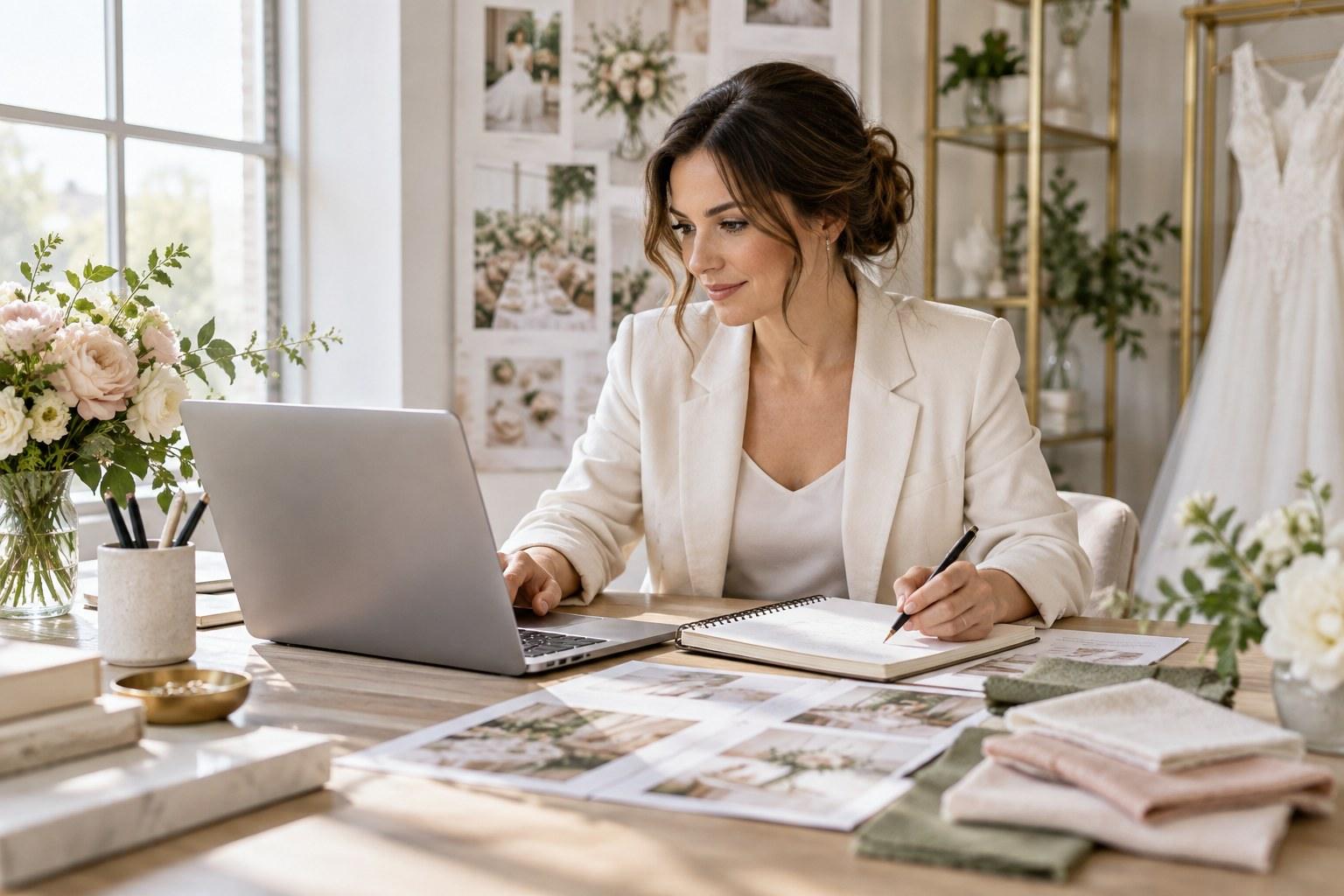 wedding planner building micro wedding package pricing at a desk