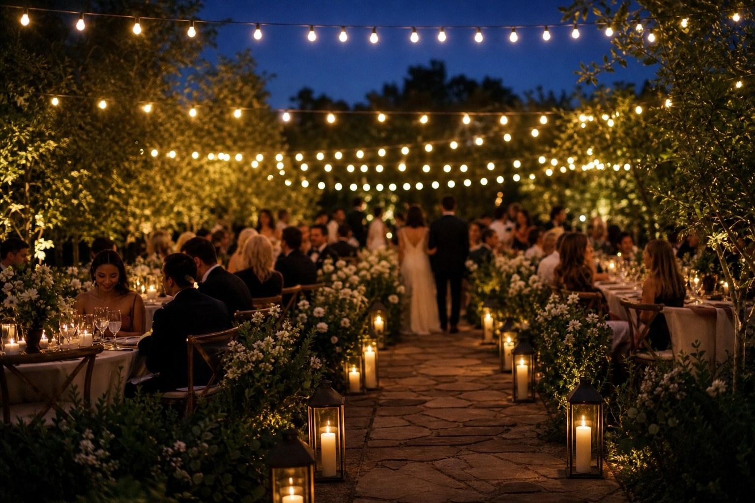 outdoor wedding reception at dusk lit with festoon lighting and candles