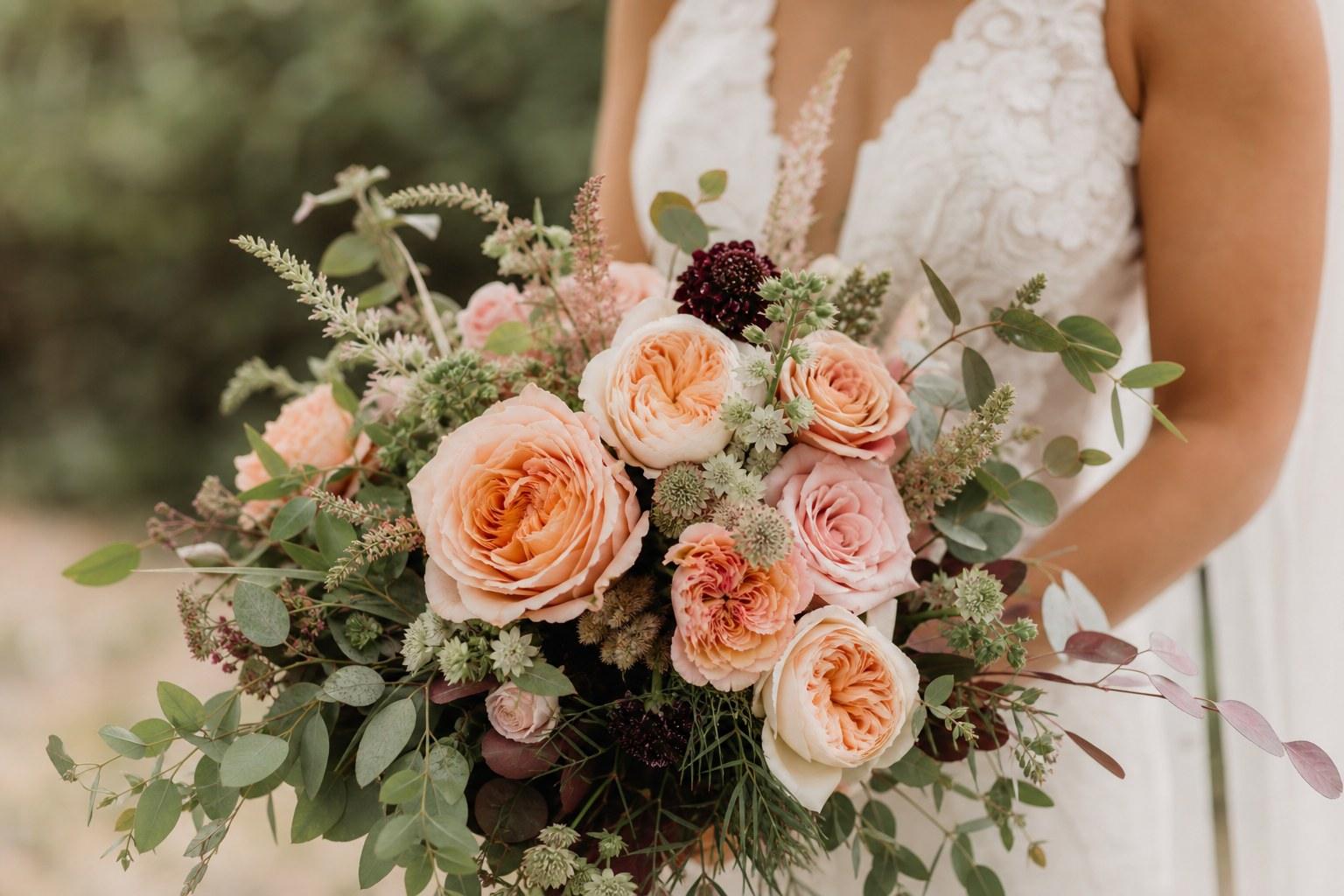 Wedding Academy | Wedding Flowers by Season: A Florist's Guide to Choosing and Substituting Blooms Seasonal wedding bouquet of garden roses dahlias and textural foliage held by a bride