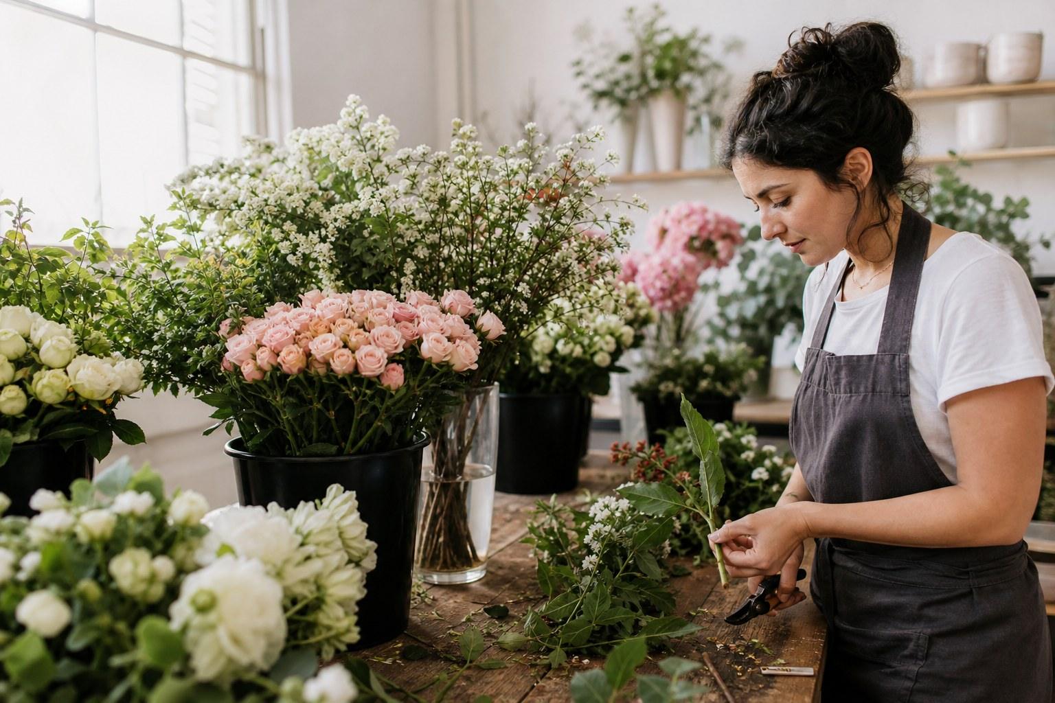 Wedding Academy | Wedding Flowers by Season: A Florist's Guide to Choosing and Substituting Blooms Seasonal wedding flowers being conditioned in buckets in a florist workroom