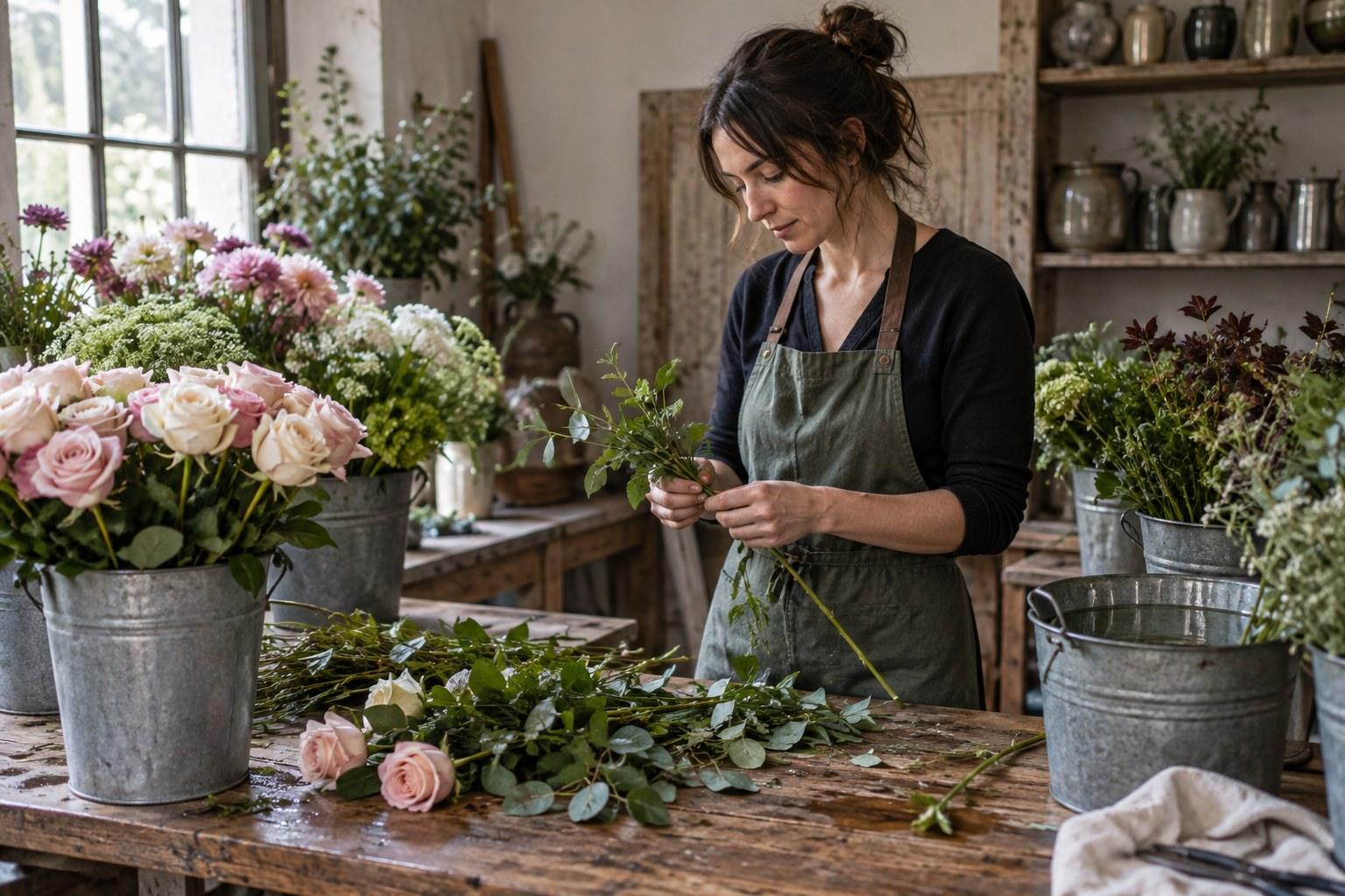Wedding Academy | How to Source Wedding Flowers Without a Wholesaler Account florist conditioning fresh wedding flowers in buckets in a studio