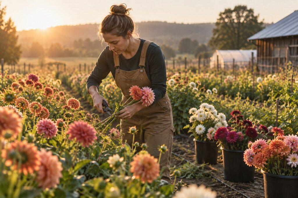 Florist picking stems at a local flower farm to source wedding flowers without a wholesaler florist picking stems at a local flower farm to source wedding flowers without a wholesaler