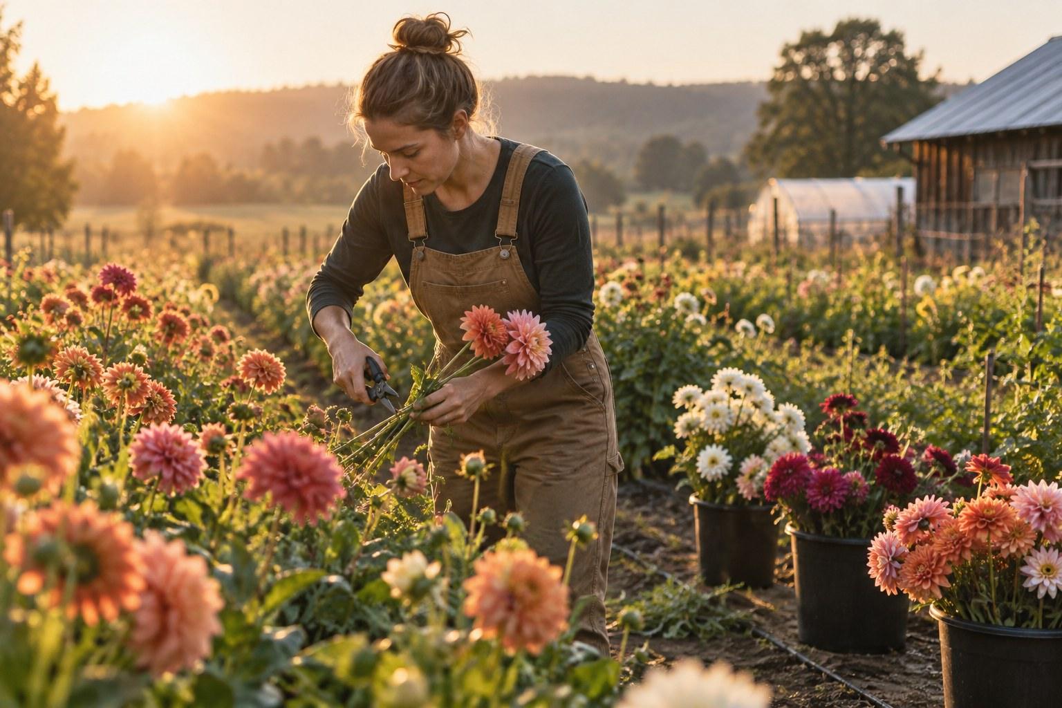 florist picking stems at a local flower farm to source wedding flowers without a wholesaler