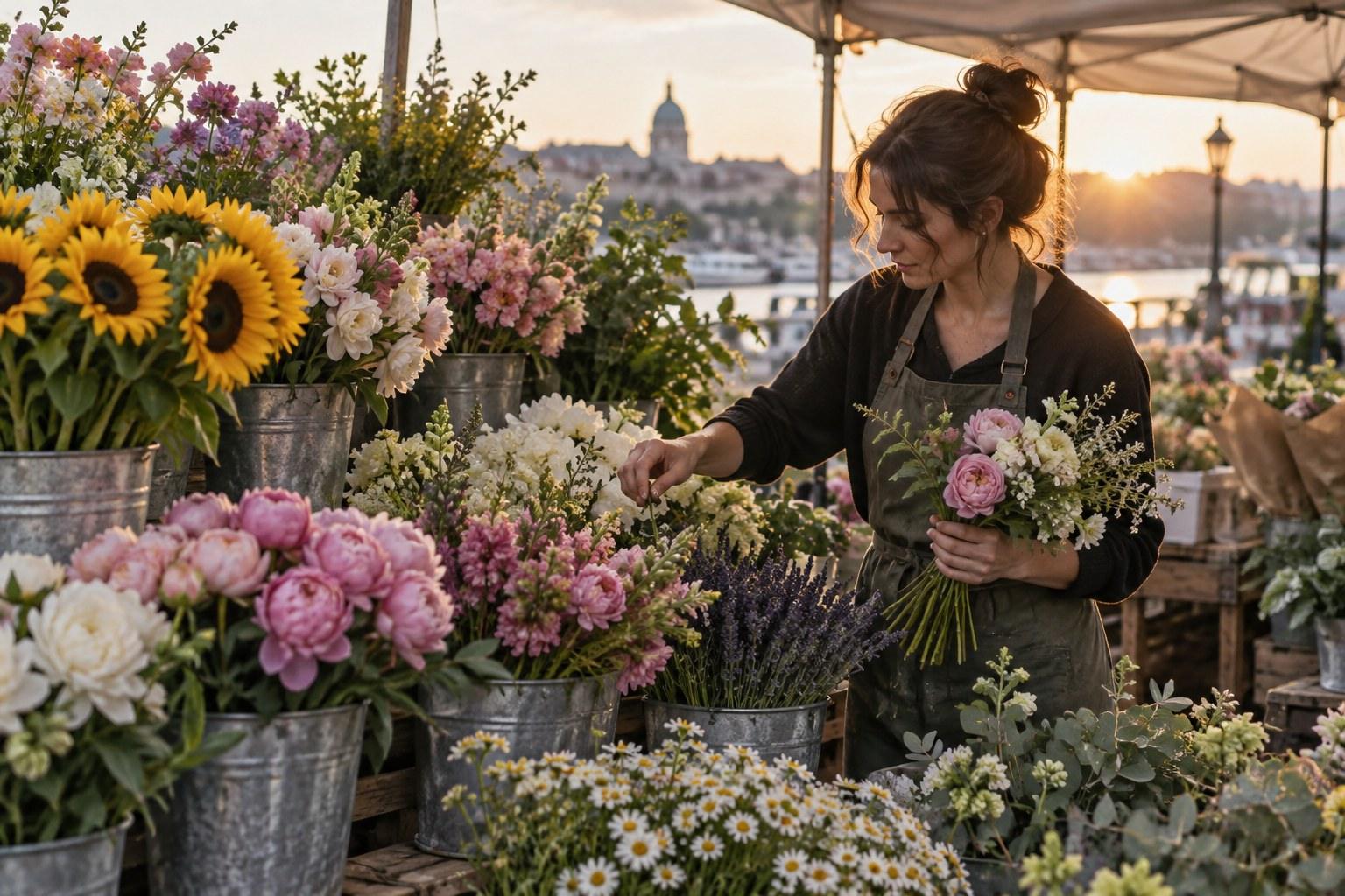 Wedding Academy | How to Source Wedding Flowers Without a Wholesaler Account buckets of seasonal flowers at a flower market stall for wedding flower sourcing