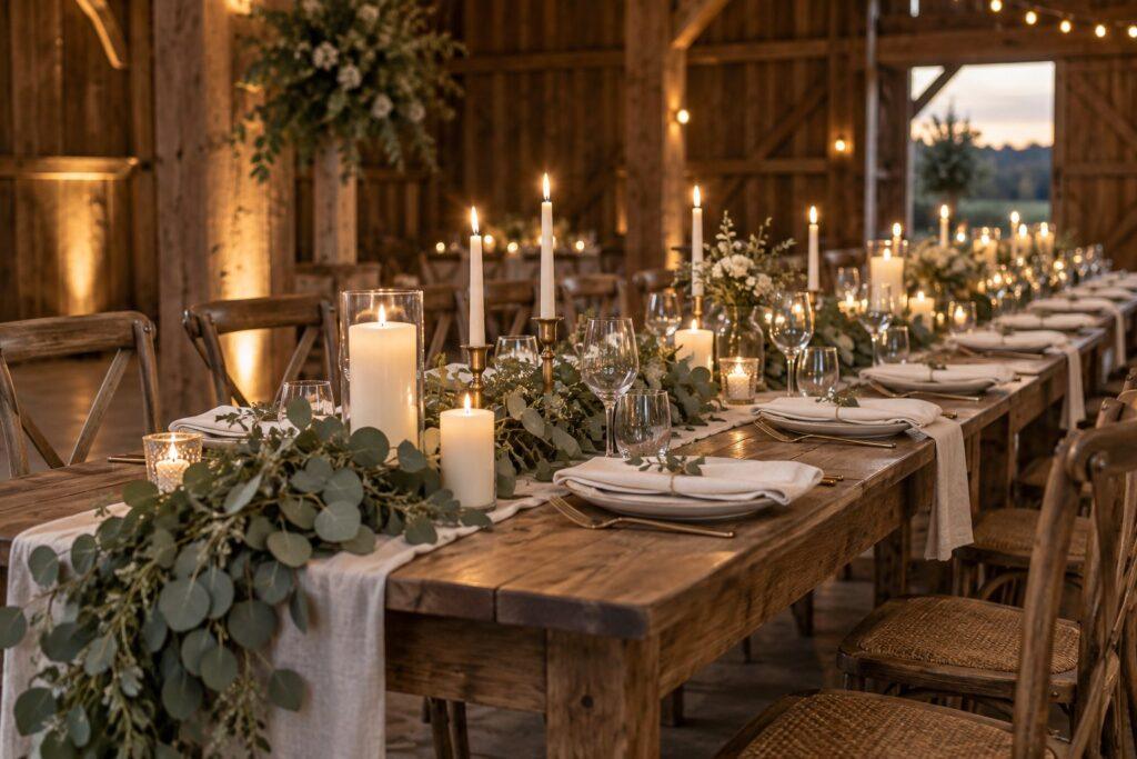 long reception table styled on a small budget with candles and greenery