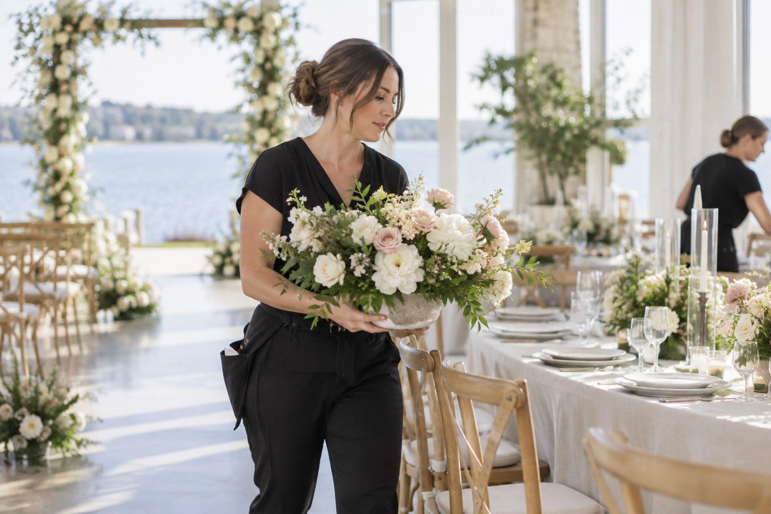 stylist repurposing ceremony flowers onto a reception table on a small budget