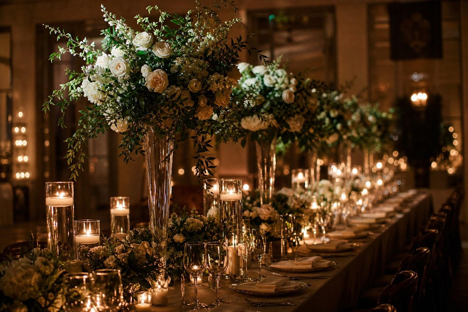 Wedding Academy | Wedding Centrepieces: How to Design Table Flowers That Work Tall wedding centrepieces in a reception room