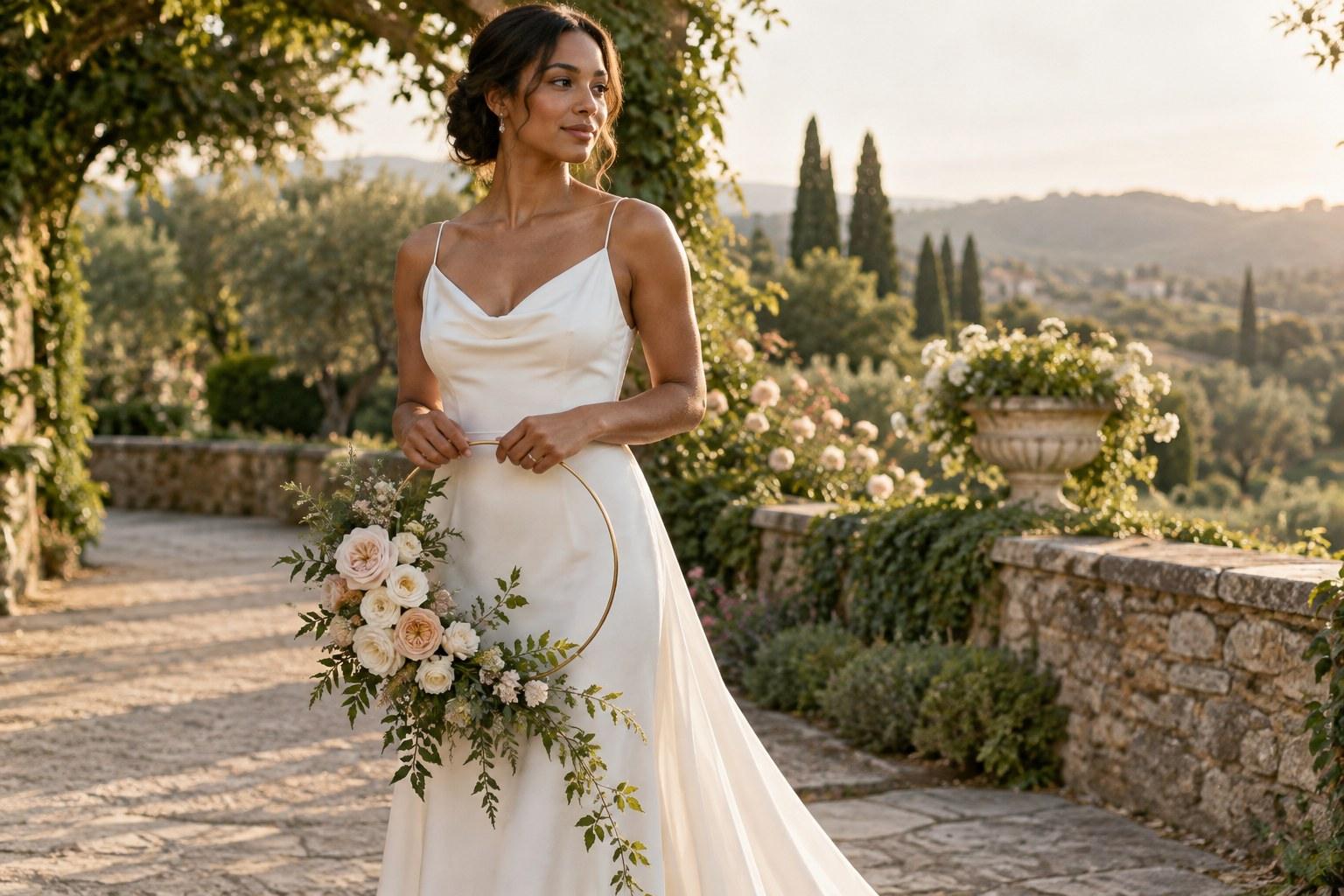bride holding a floral hoop as one of many wedding bouquet alternatives