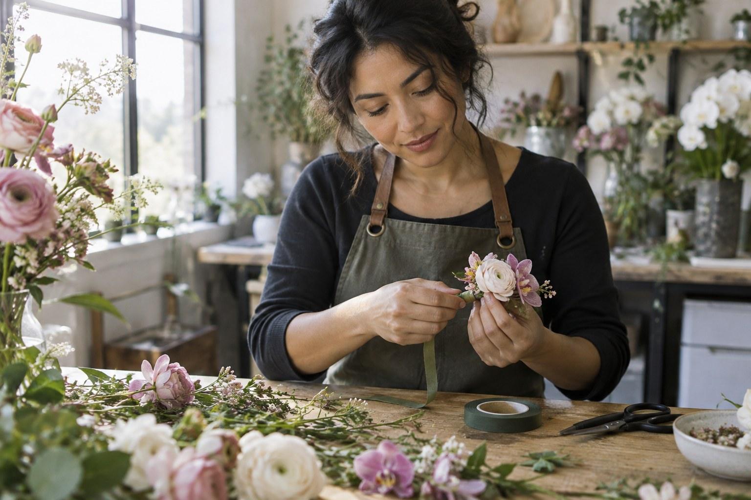 florist crafting a floral wrist corsage as a wedding bouquet alternative