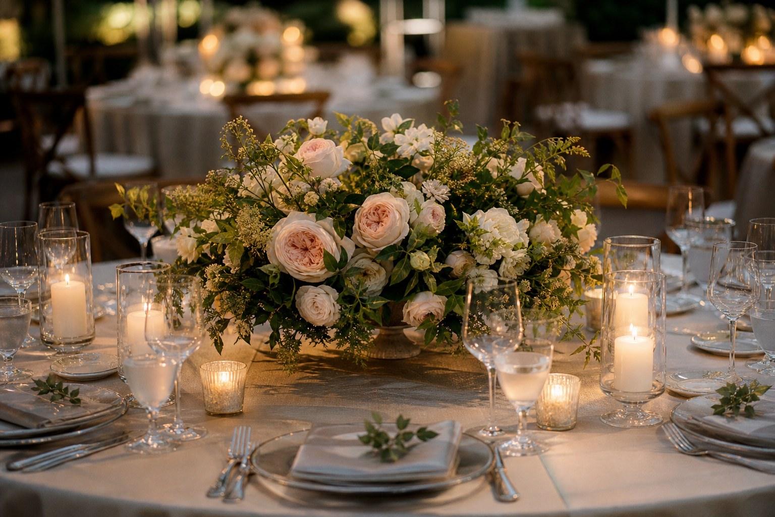 Low wedding centrepiece on a reception table