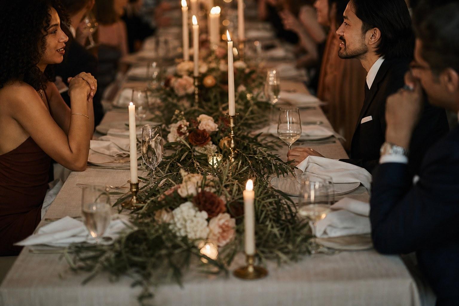 Wedding Academy | Wedding Colour Palette: How to Choose One That Works in a Real Room Reception table styled in a warm wedding colour palette of stone linen olive foliage and taper candles