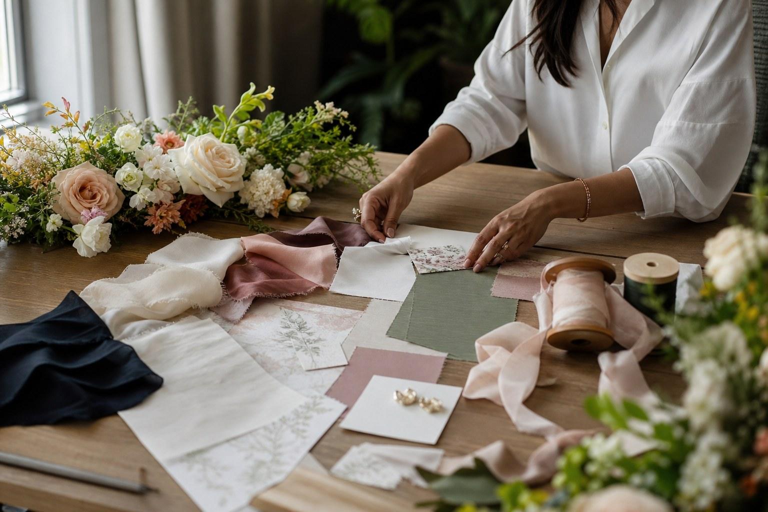 Wedding Academy | Wedding Colour Palette: How to Choose One That Works in a Real Room Wedding colour palette swatches with linen fabric ribbon and fresh flowers on a styling table