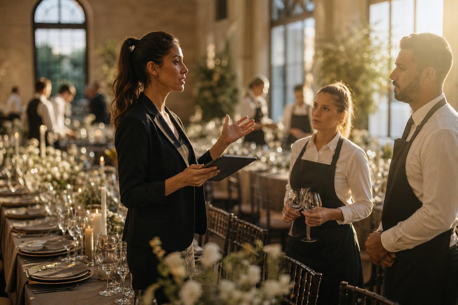 Wedding Academy | Day-of Wedding Coordinator: What the Role Actually Involves (and How to Get Booked) Wedding coordinator directing suppliers during reception setup with tables and candlelight