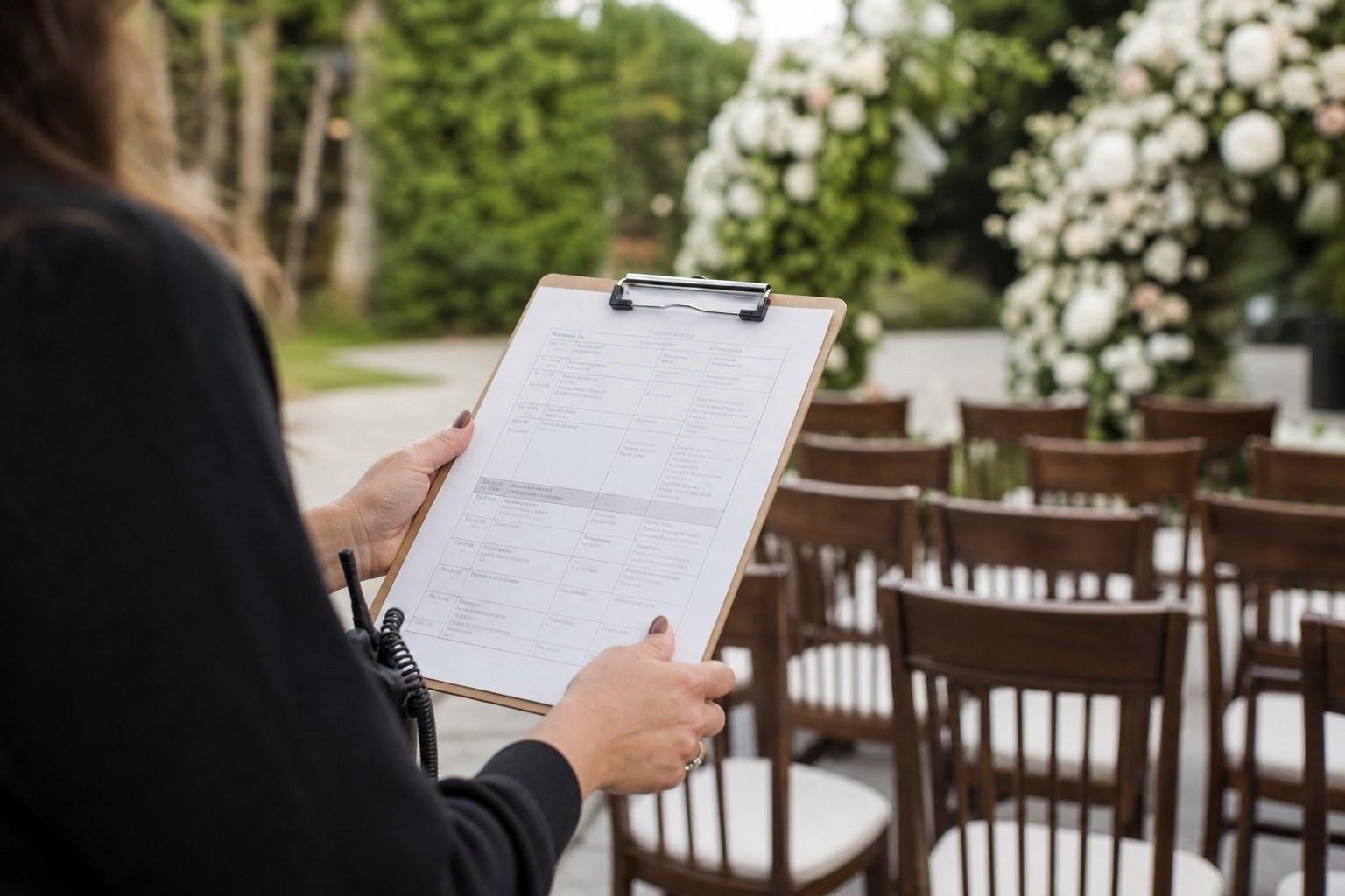 Wedding Academy | Day-of Wedding Coordinator: What the Role Actually Involves (and How to Get Booked) Day of wedding coordinator with a run sheet checking ceremony setup at a wedding venue
