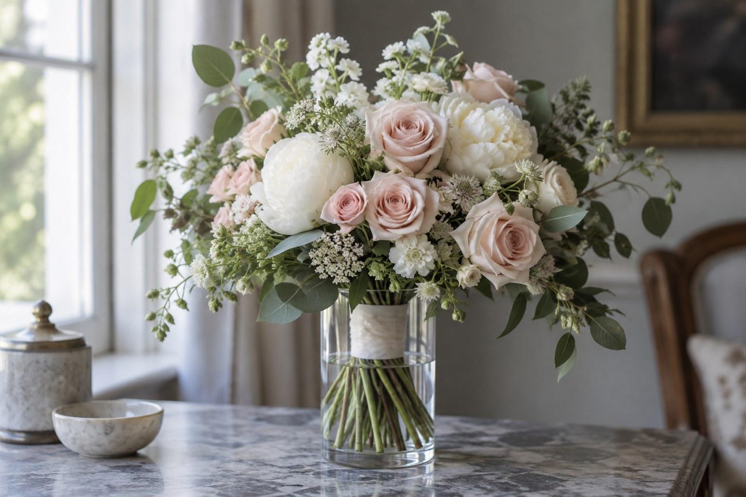 bridal bouquet resting in water to keep wedding blooms fresh