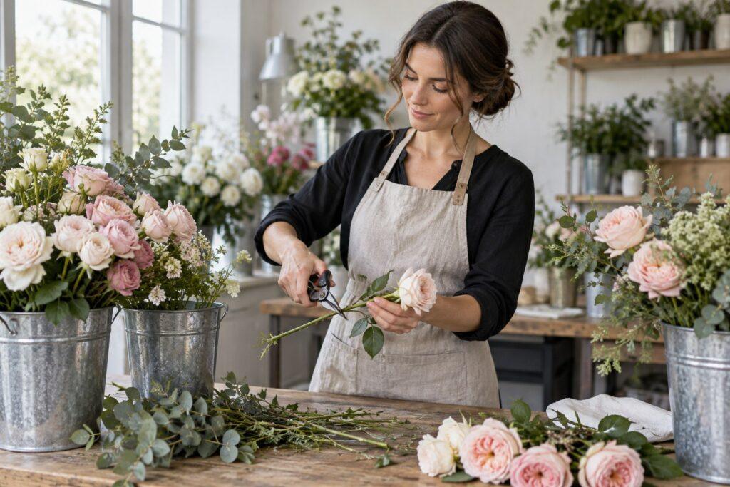 florist conditioning stems in clean buckets for wedding flower care