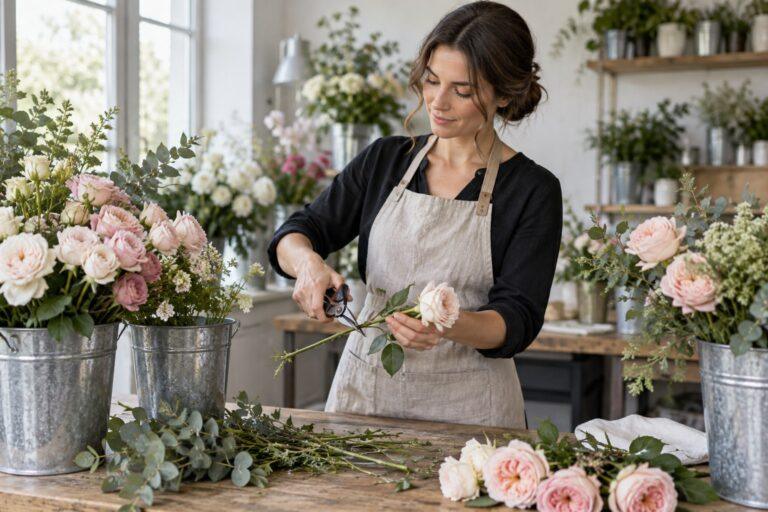 Florist conditioning stems in clean buckets for wedding flower care florist conditioning stems in clean buckets for wedding flower care