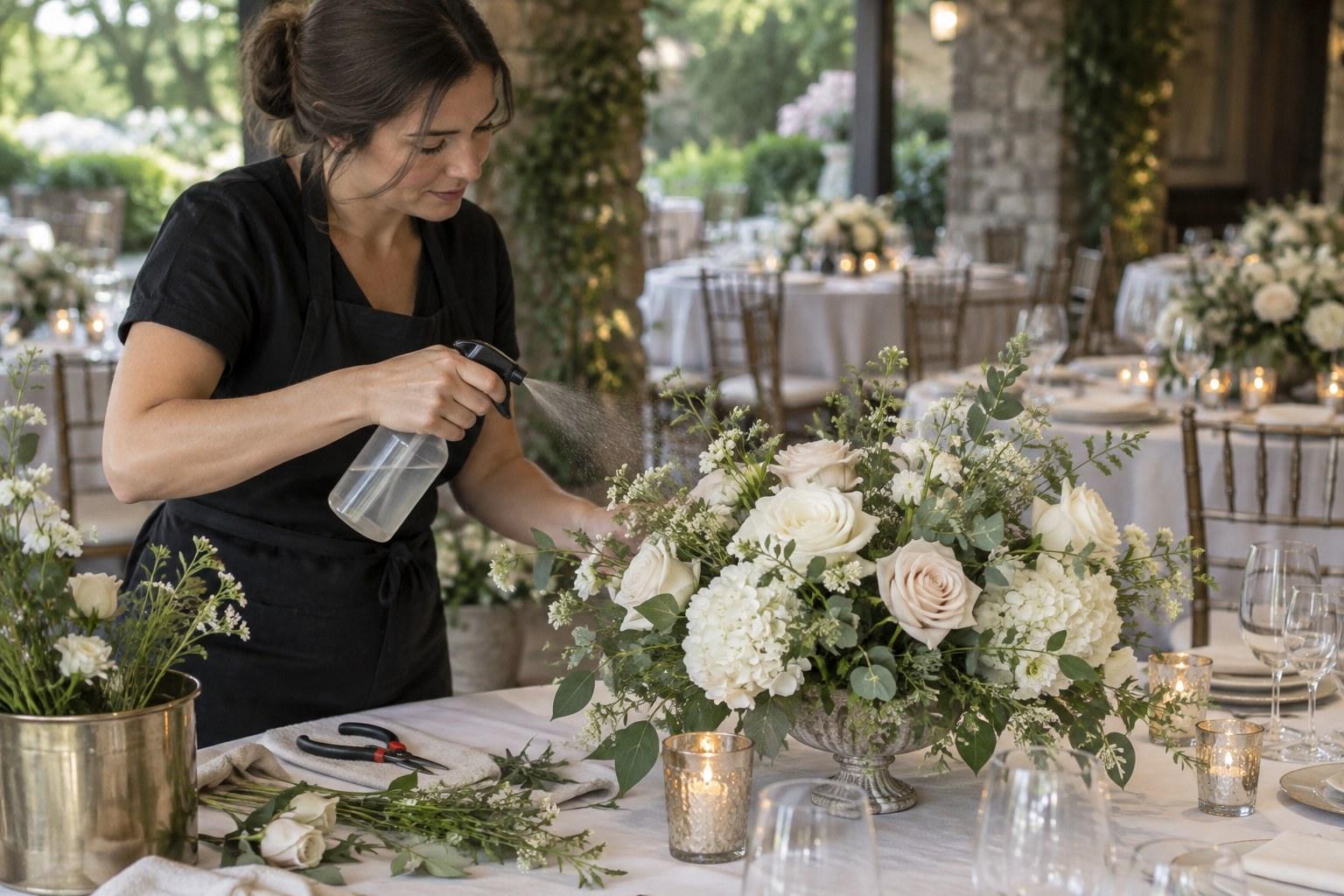 florist doing on-site wedding flower care touch ups with a mister