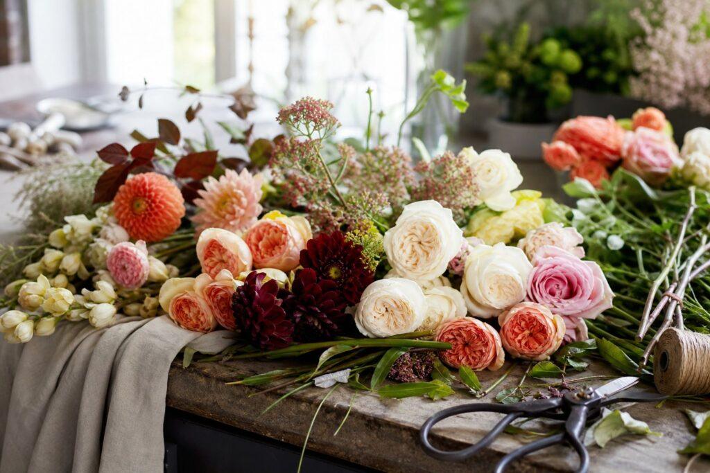Seasonal wedding flowers arranged on a florist workbench with roses dahlias and foliage