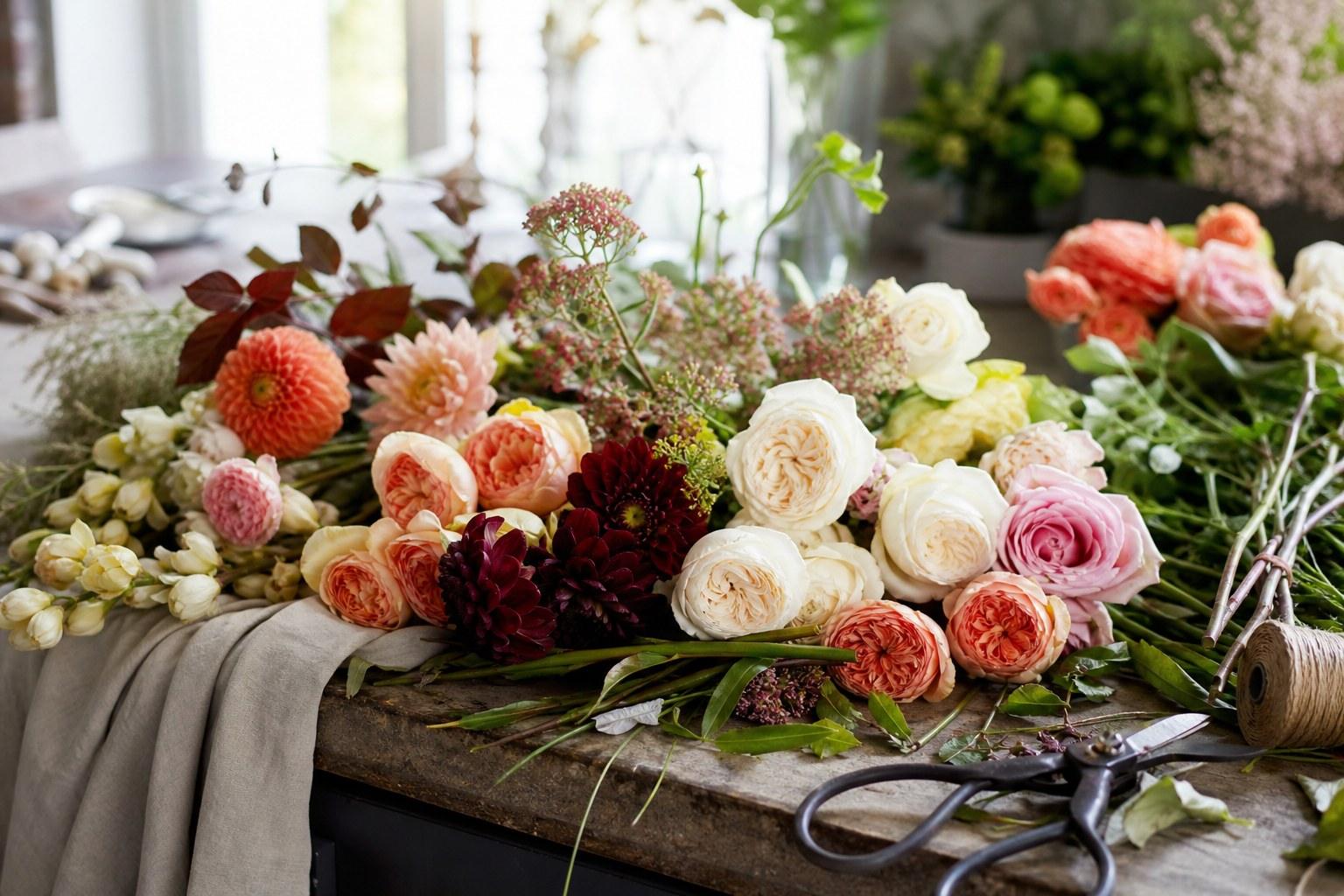 Wedding flowers by season Seasonal wedding flowers arranged on a florist workbench with roses dahlias and foliage