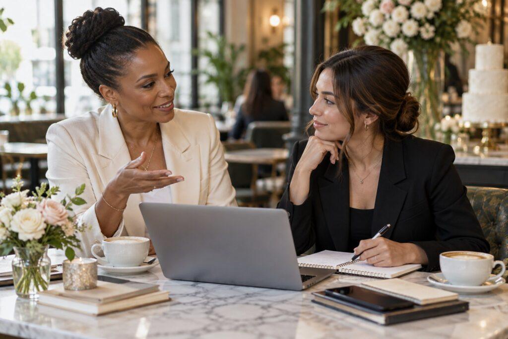 experienced planner giving wedding planner mentorship over coffee