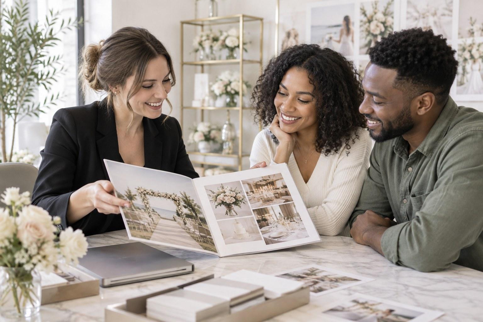wedding planner presenting package options to a couple