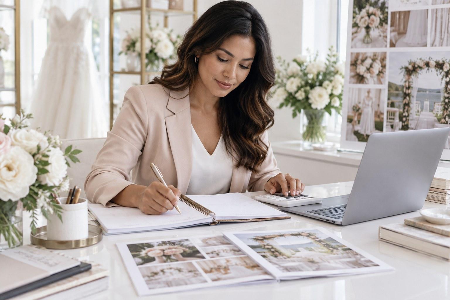 wedding planner working out a pricing strategy for packages at her desk