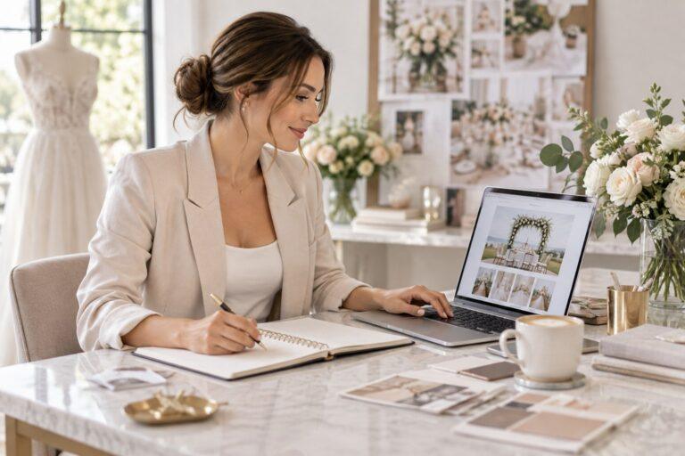 Wedding planner working on local SEO for her wedding business Wedding planner working on local SEO for her wedding business