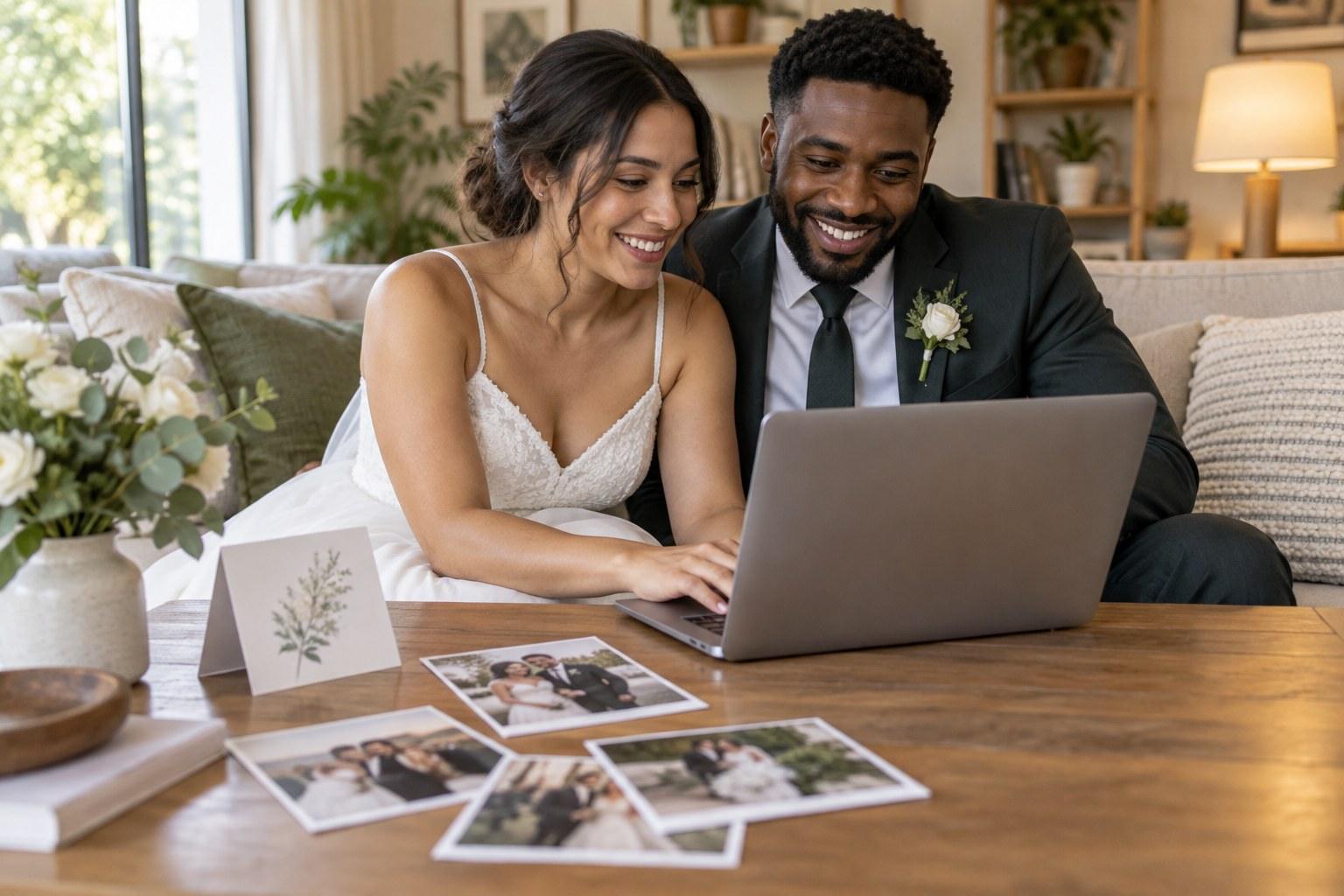 happy couple writing wedding planner testimonials on a laptop at home