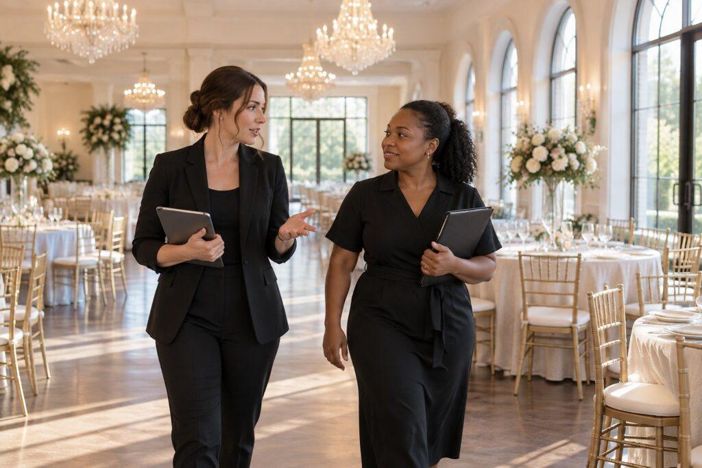 Wedding planner and venue coordinator discussing vendor collaborations during a walkthrough wedding planner and venue coordinator discussing vendor collaborations during a walkthrough